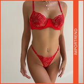 Women's Sexy Lace Red Embroidery Steel Ring Bra Nightwear